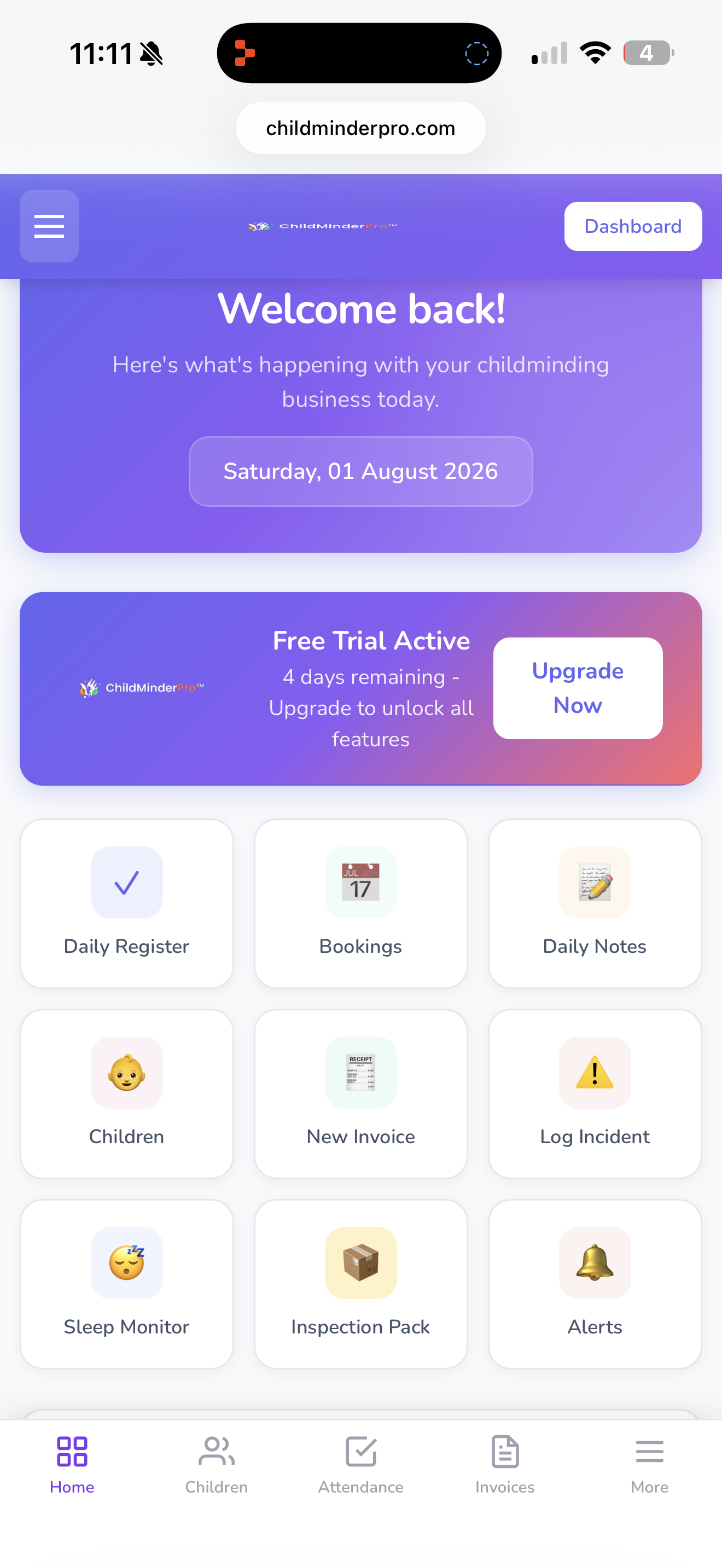 ChildMinderPro dashboard on iPhone — daily register, bookings, invoices and inspection tools in one place